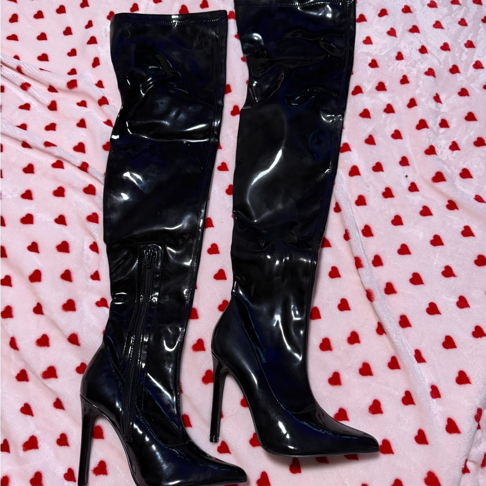 Black Patent Leather Thigh-High Boots